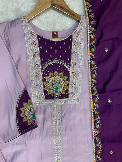 Elegant Light Lovender Roman Silk Kurti Set