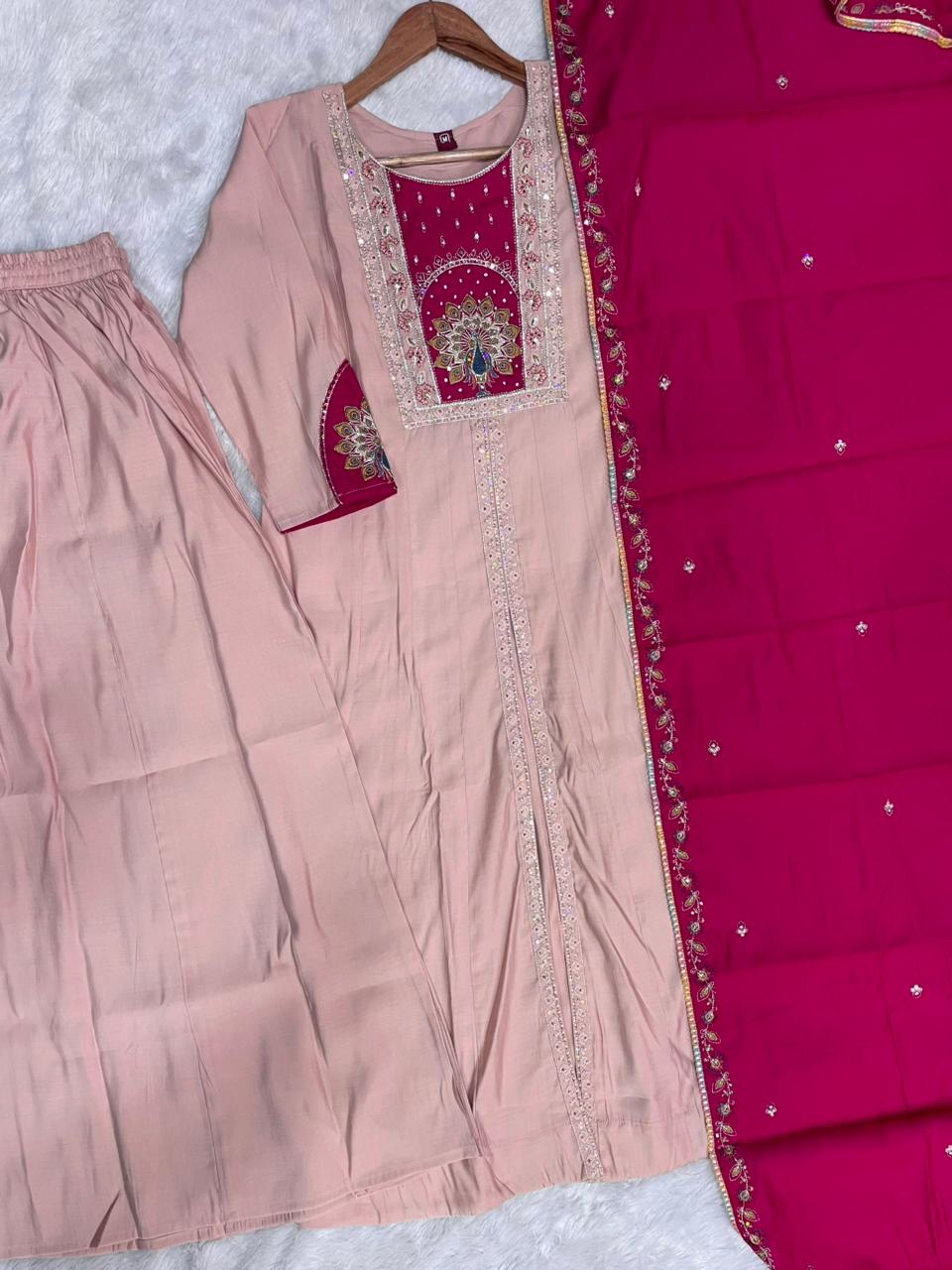 Elegant Peach Roman Silk Kurti Set