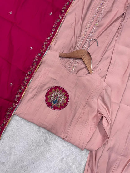 Elegant Peach Roman Silk Kurti Set