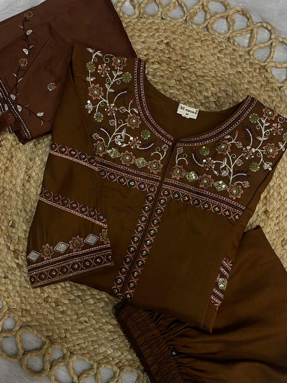 Coffee Viscose Mango Silk Anarkali Kurti Set