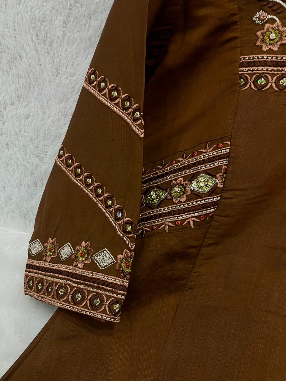 Coffee Viscose Mango Silk Anarkali Kurti Set