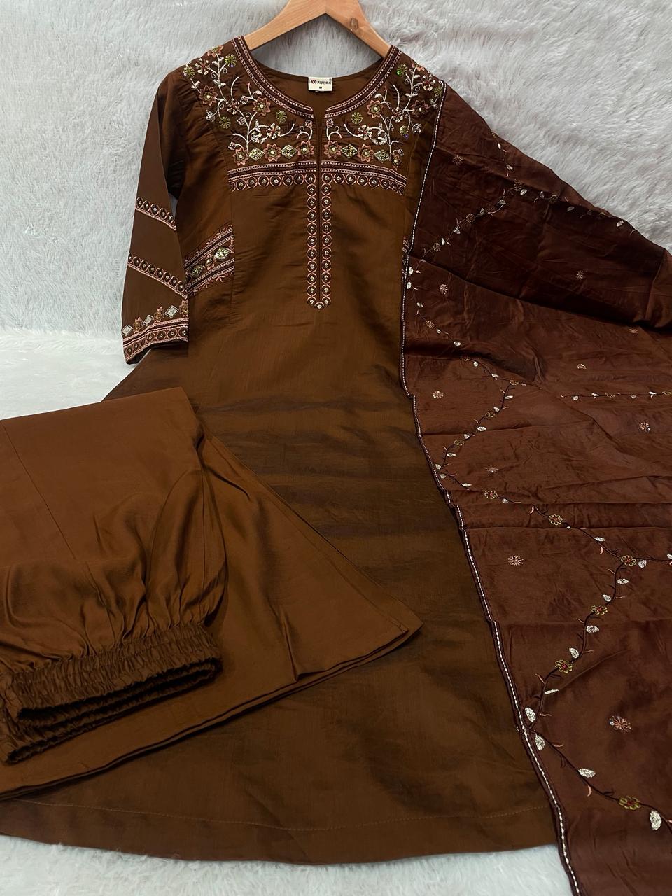 Coffee Viscose Mango Silk Anarkali Kurti Set