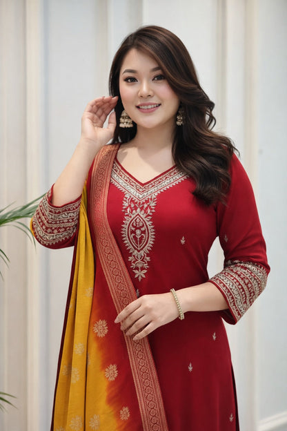 Red Embroidered Kurti Pant Dupatta Set