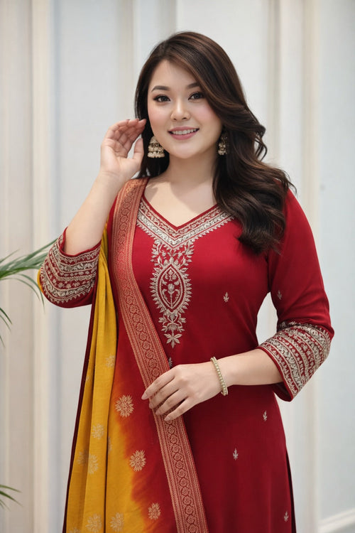 Red Embroidered Kurti Pant Dupatta Set