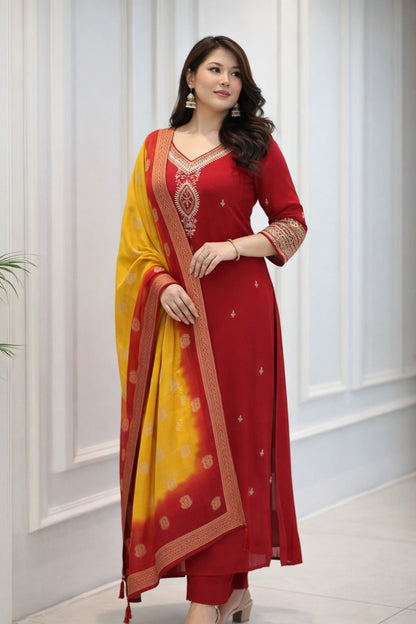Red Embroidered Kurti Pant Dupatta Set