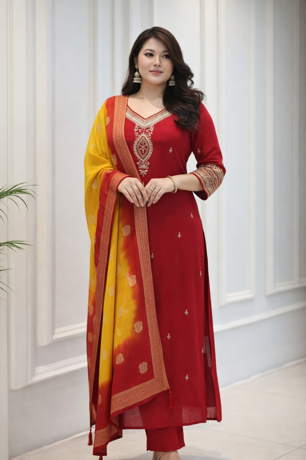 Red Embroidered Kurti Pant Dupatta Set