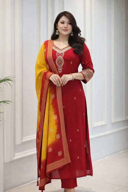 Red Embroidered Kurti Pant Dupatta Set