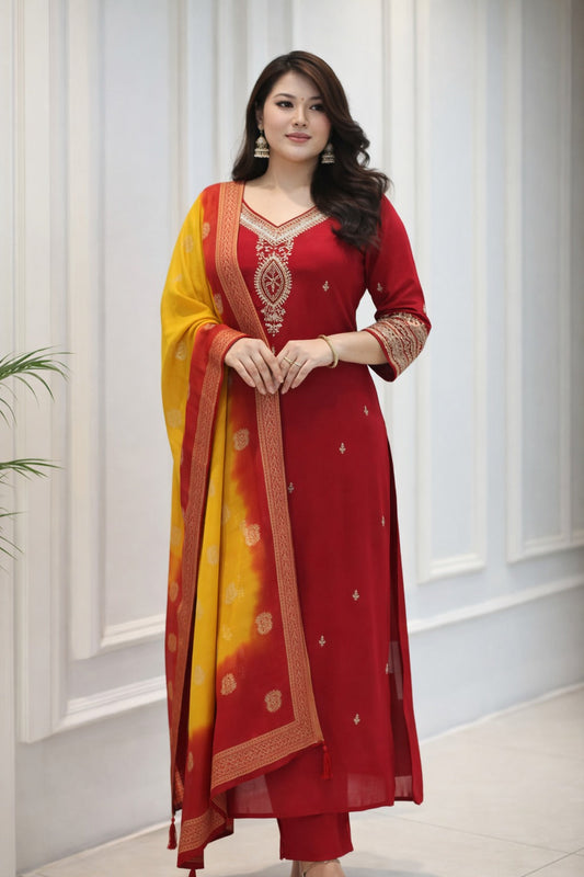 Red Embroidered Kurti Pant Dupatta Set
