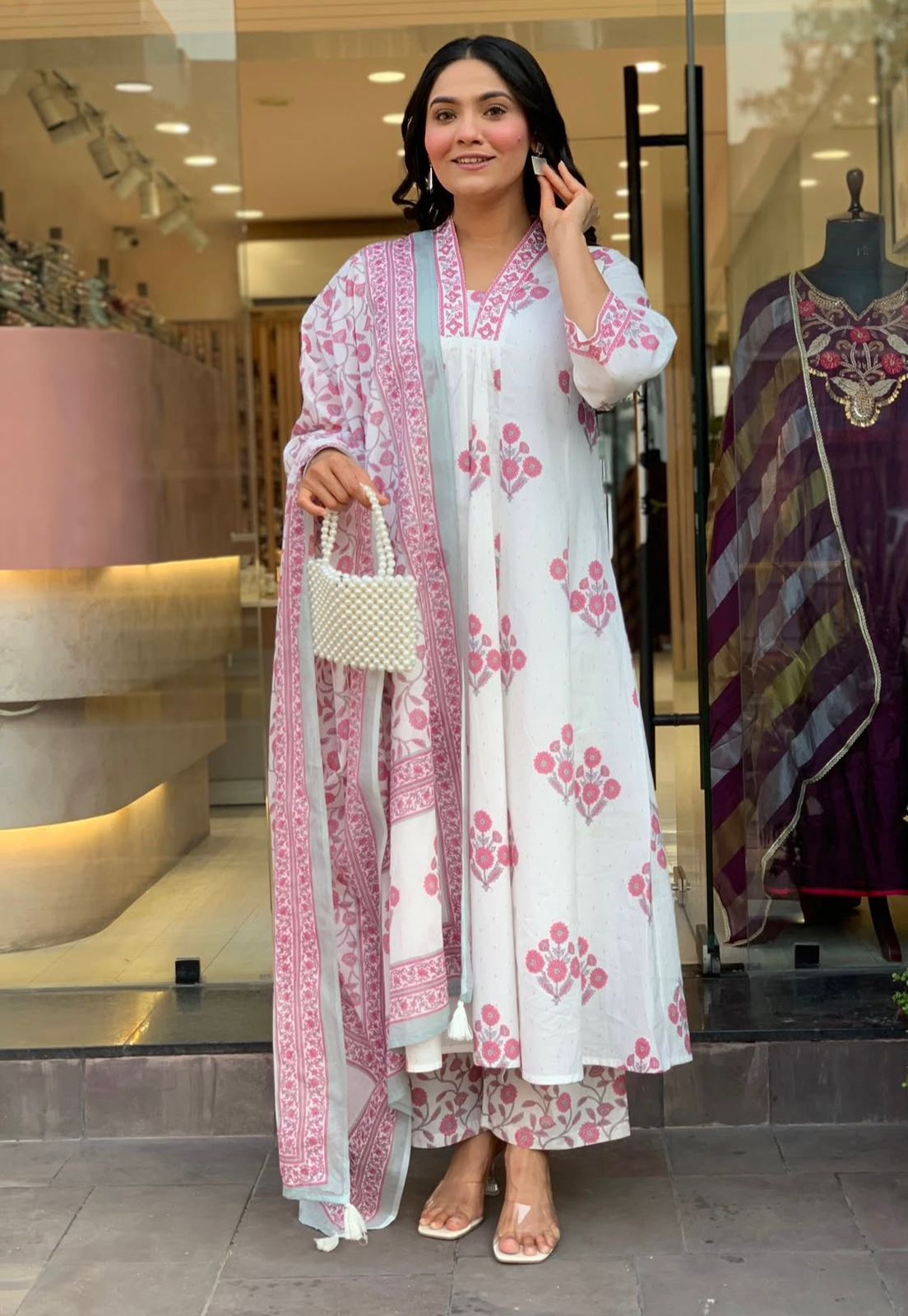 White Pink Floral Printed Kurti Pant Dupatta Set
