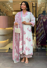 White Pink Floral Printed Kurti Pant Dupatta Set