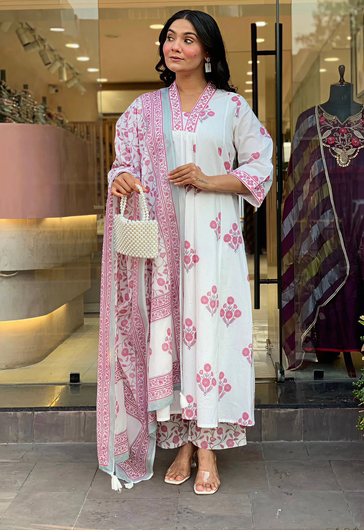 White Pink Floral Printed Kurti Pant Dupatta Set