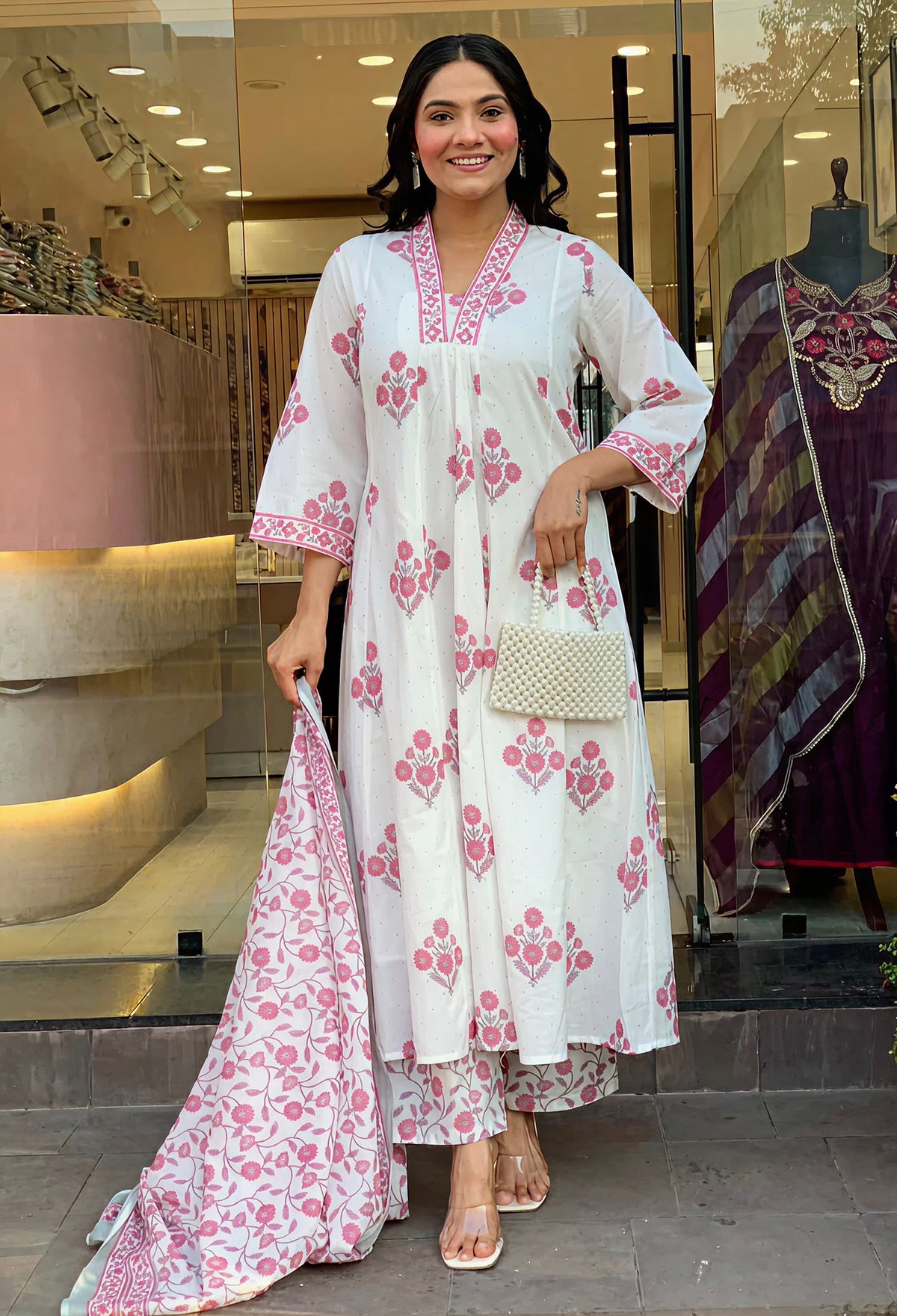 White Pink Floral Printed Kurti Pant Dupatta Set