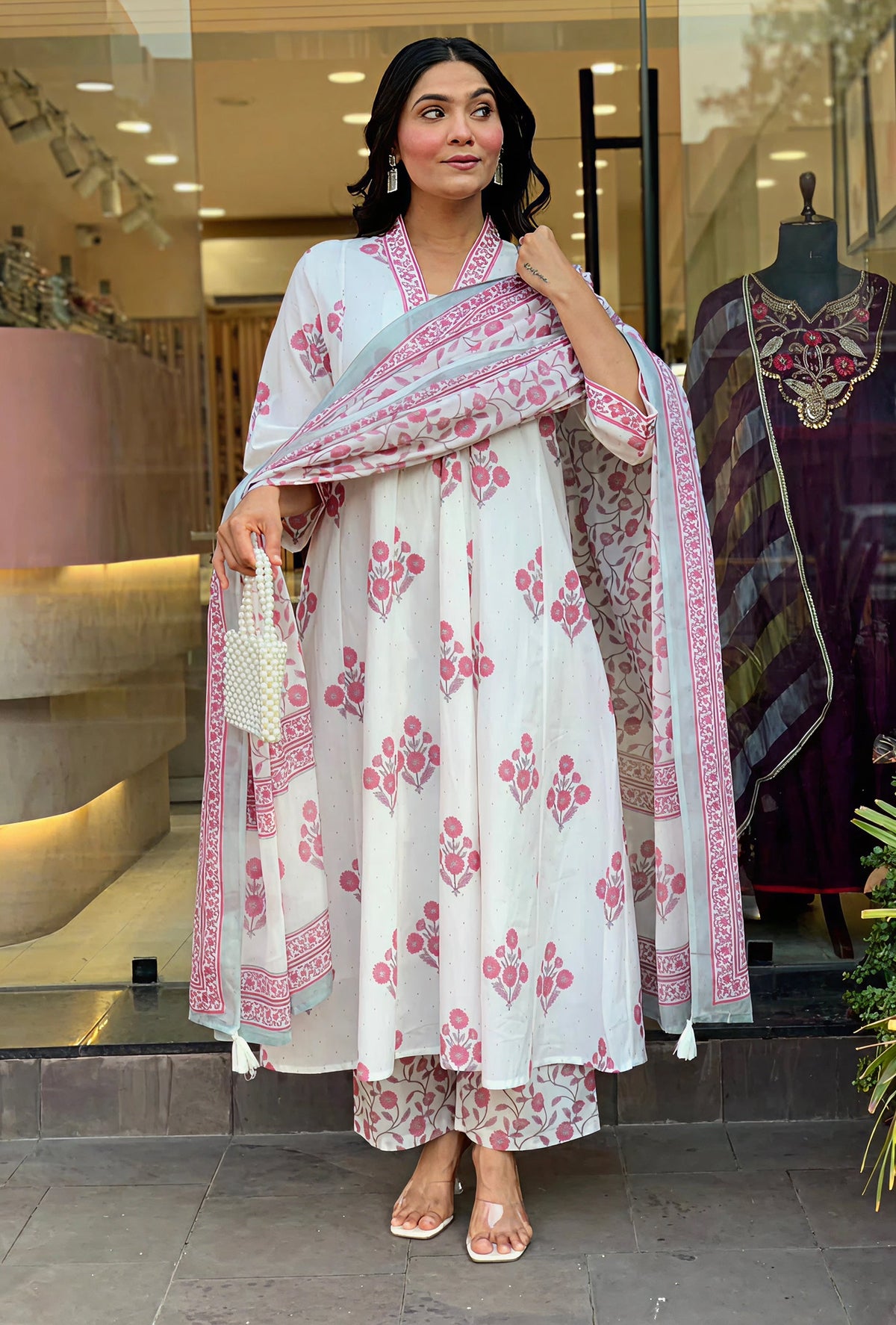 White Pink Floral Printed Kurti Pant Dupatta Set