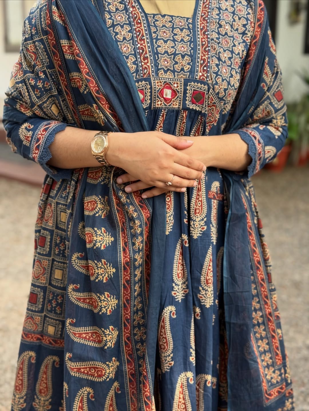 Jaipuri Cotton Navy Printed Anarkali Kurti Pant Dupatta Set