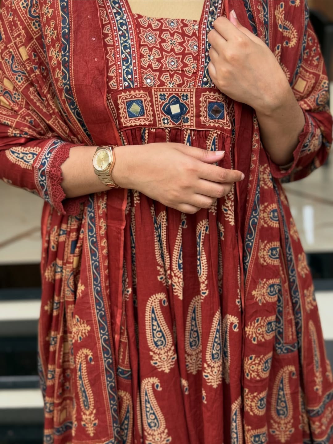 Rust Jaipuri Cotton Red Printed Anarkali Kurti Pant Dupatta Set