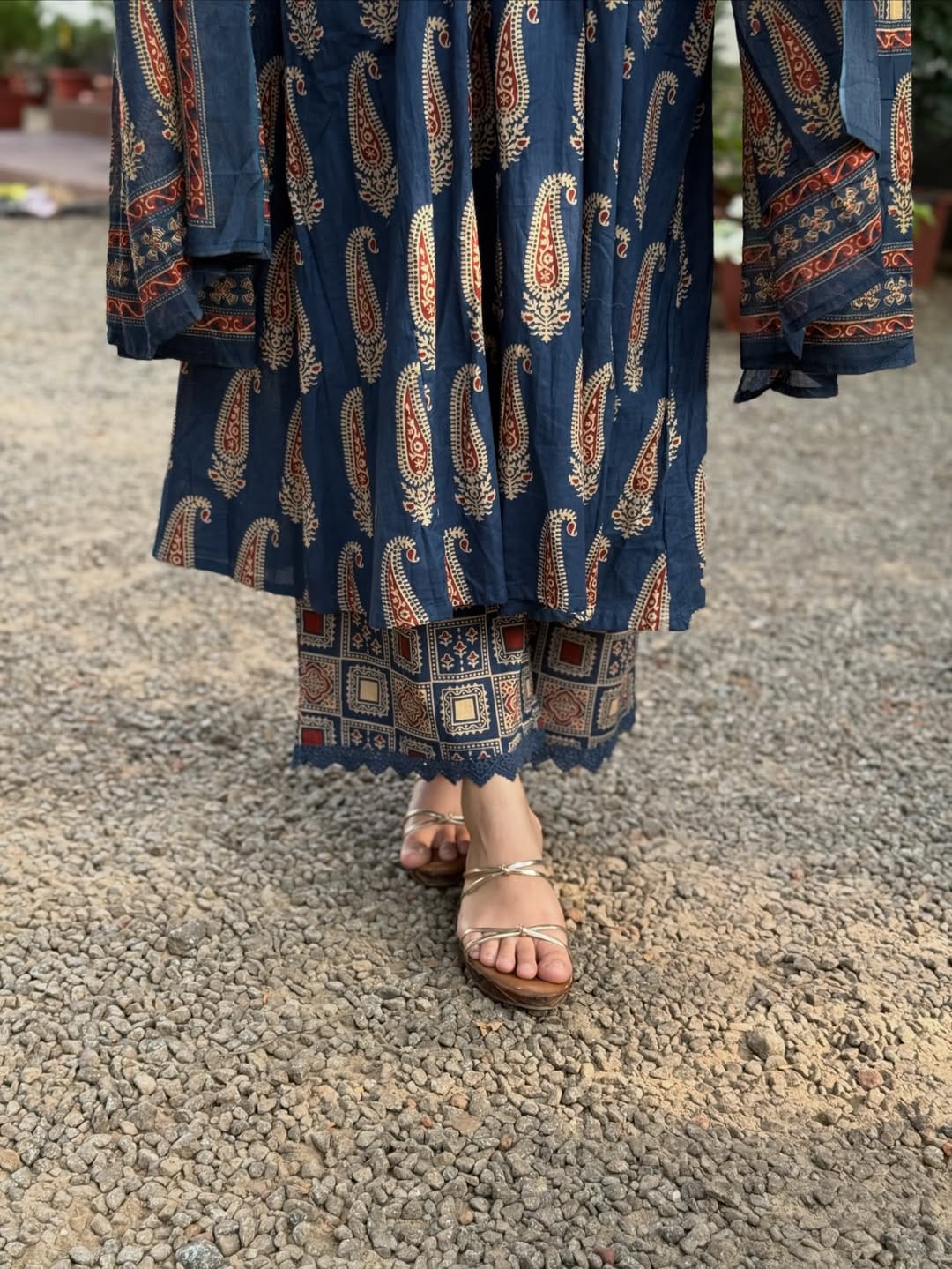 Jaipuri Cotton Navy Printed Anarkali Kurti Pant Dupatta Set
