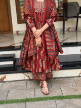 Rust Jaipuri Cotton Red Printed Anarkali Kurti Pant Dupatta Set