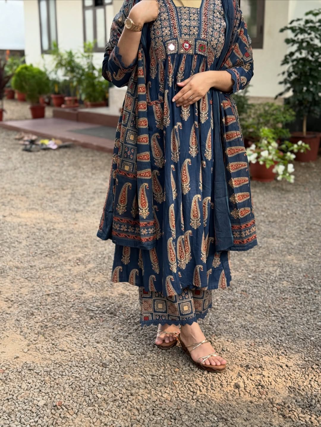 Jaipuri Cotton Navy Printed Anarkali Kurti Pant Dupatta Set