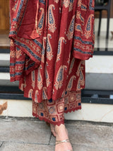 Rust Jaipuri Cotton Red Printed Anarkali Kurti Pant Dupatta Set
