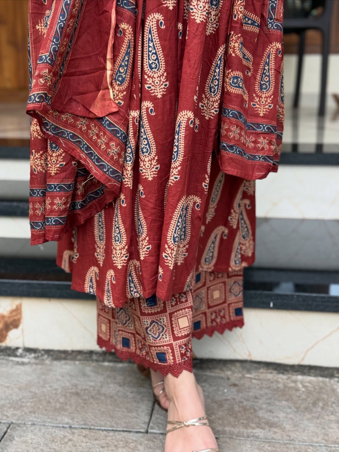 Rust Jaipuri Cotton Red Printed Anarkali Kurti Pant Dupatta Set
