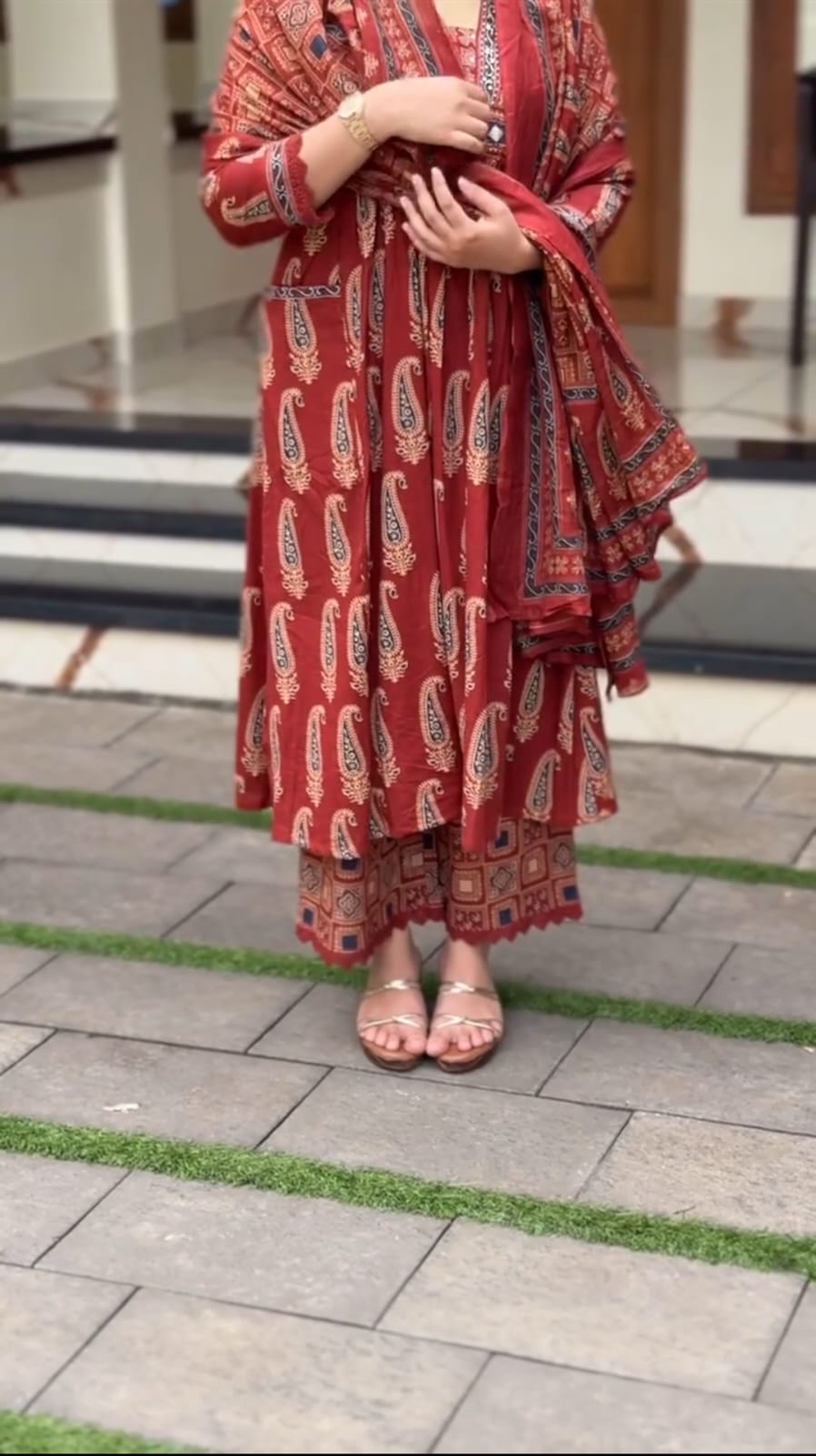 Rust Jaipuri Cotton Red Printed Anarkali Kurti Pant Dupatta Set