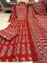 Rust Jaipuri Cotton Red Printed Anarkali Kurti Pant Dupatta Set
