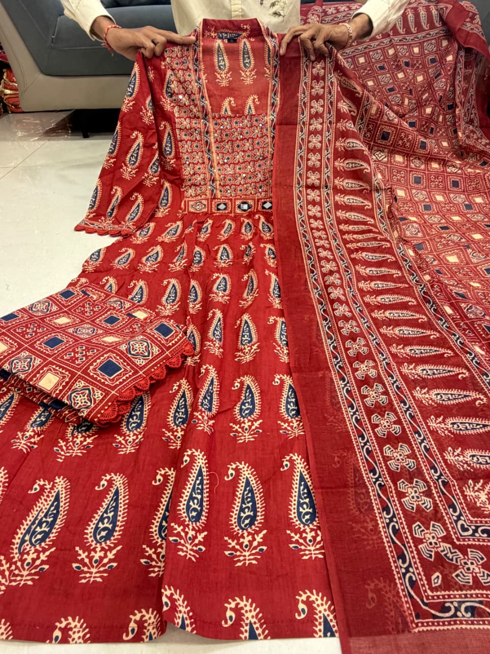 Rust Jaipuri Cotton Red Printed Anarkali Kurti Pant Dupatta Set