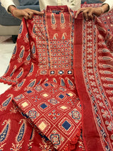 Rust Jaipuri Cotton Red Printed Anarkali Kurti Pant Dupatta Set