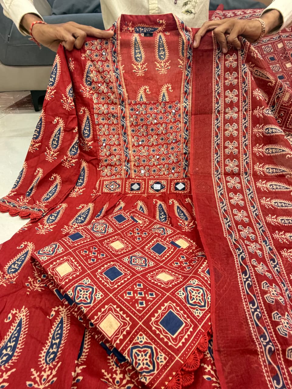 Rust Jaipuri Cotton Red Printed Anarkali Kurti Pant Dupatta Set