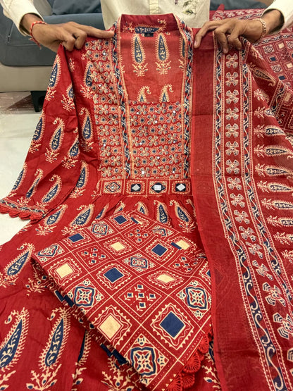 Rust Jaipuri Cotton Red Printed Anarkali Kurti Pant Dupatta Set