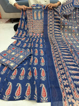 Jaipuri Cotton Navy Printed Anarkali Kurti Pant Dupatta Set