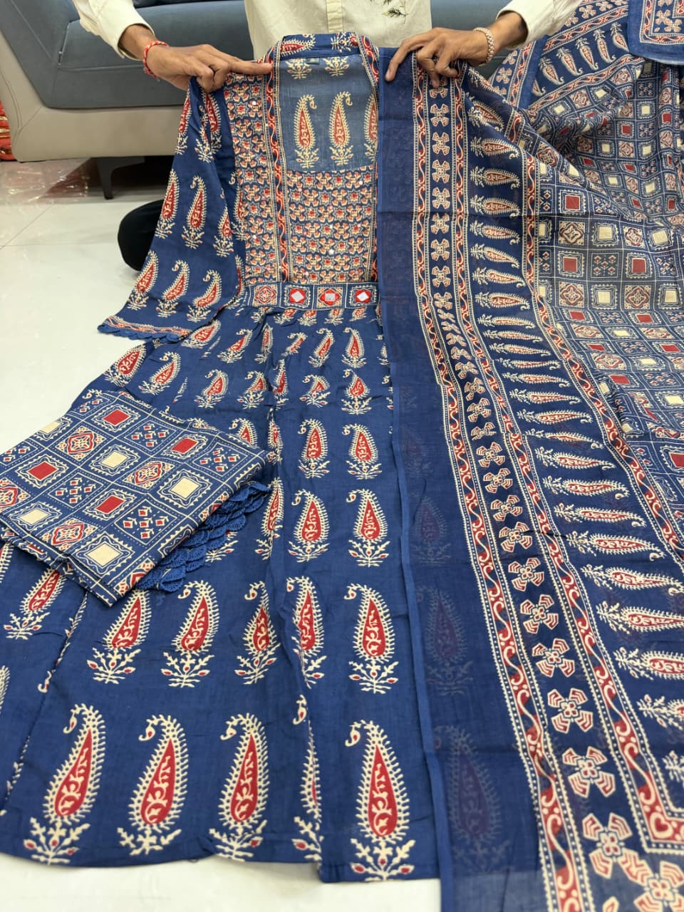 Jaipuri Cotton Navy Printed Anarkali Kurti Pant Dupatta Set