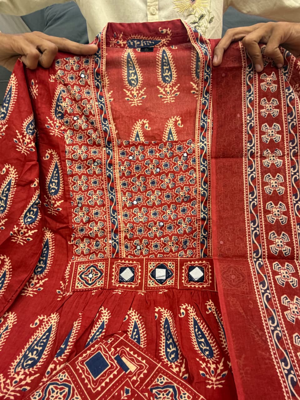 Rust Jaipuri Cotton Red Printed Anarkali Kurti Pant Dupatta Set