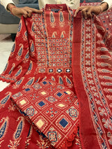 Rust Jaipuri Cotton Red Printed Anarkali Kurti Pant Dupatta Set
