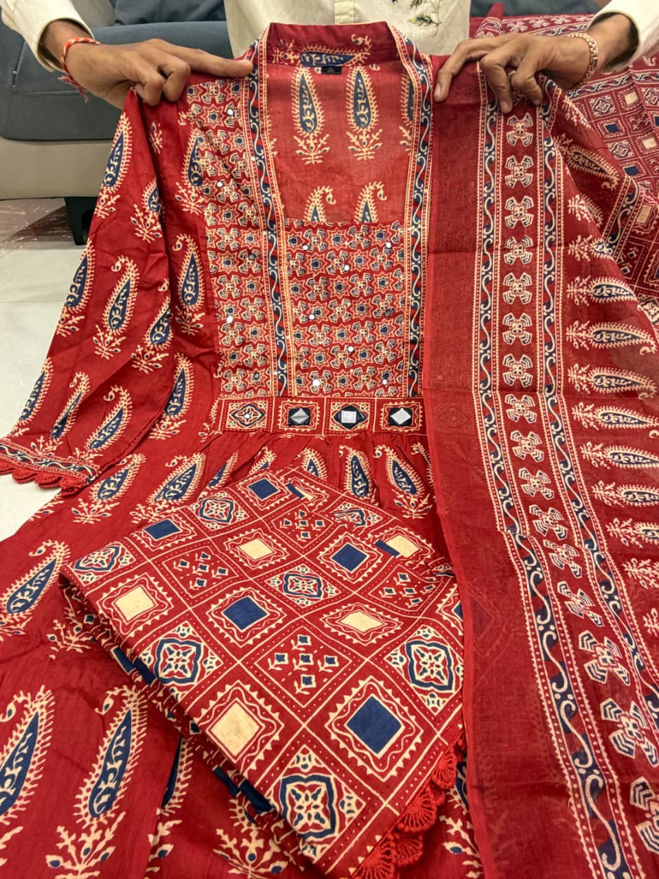 Rust Jaipuri Cotton Red Printed Anarkali Kurti Pant Dupatta Set