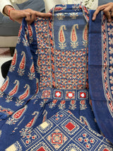 Jaipuri Cotton Navy Printed Anarkali Kurti Pant Dupatta Set