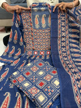 Jaipuri Cotton Navy Printed Anarkali Kurti Pant Dupatta Set