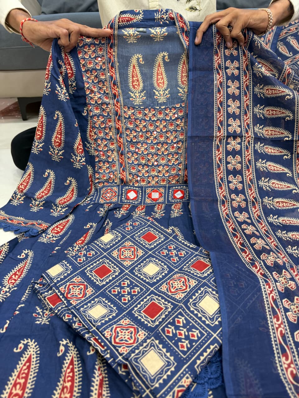 Jaipuri Cotton Navy Printed Anarkali Kurti Pant Dupatta Set