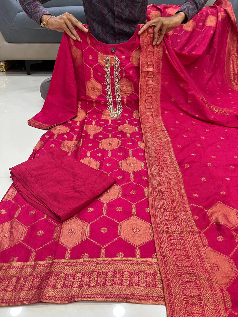 Red Banarasi Style Kurta Pant Dupatta Set
