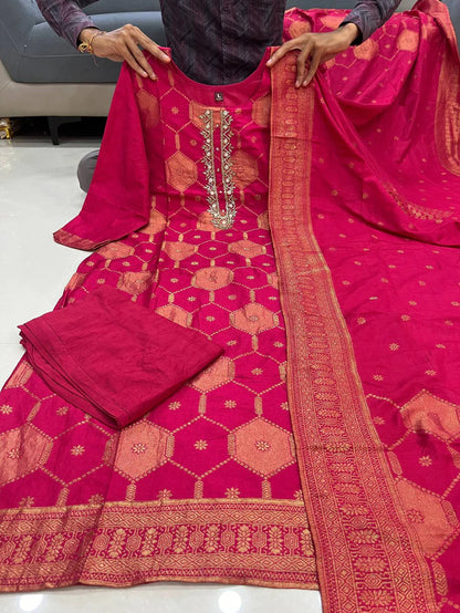 Red Banarasi Style Kurta Pant Dupatta Set
