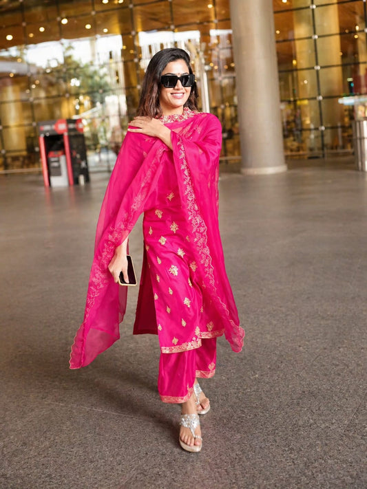 Premium Pink Embroidered Berry Silk Kurti Pant Dupatta Set