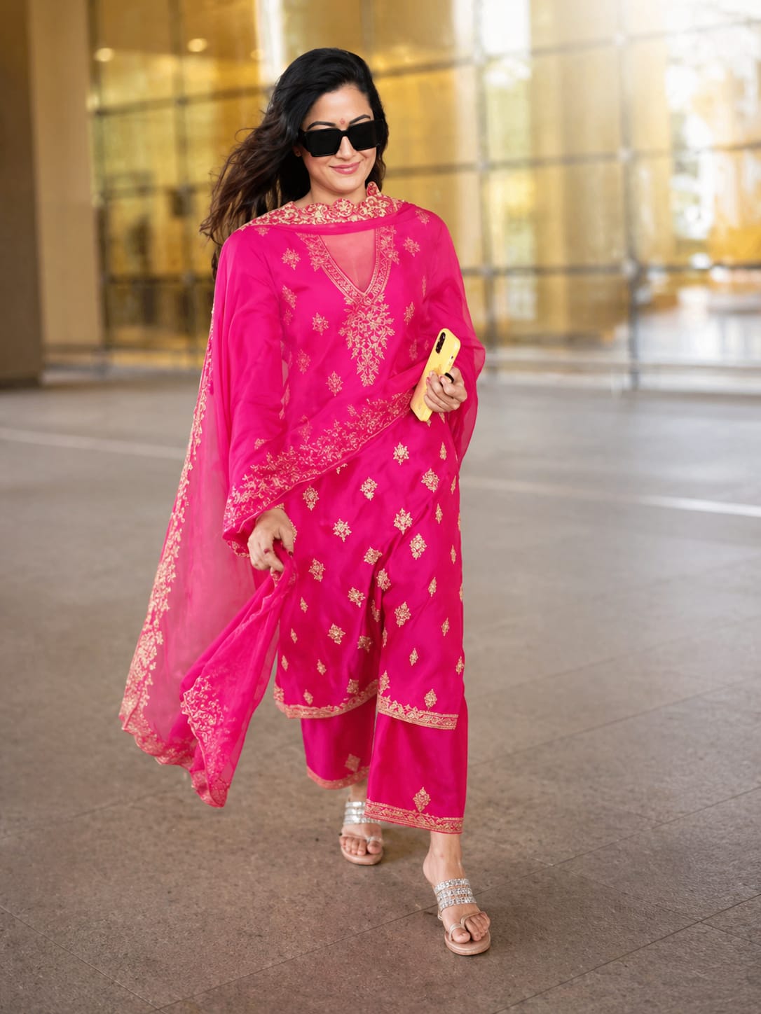 Premium Pink Embroidered Berry Silk Kurti Pant Dupatta Set