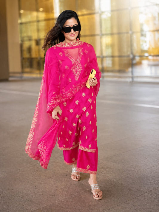 Premium Pink Embroidered Berry Silk Kurti Pant Dupatta Set