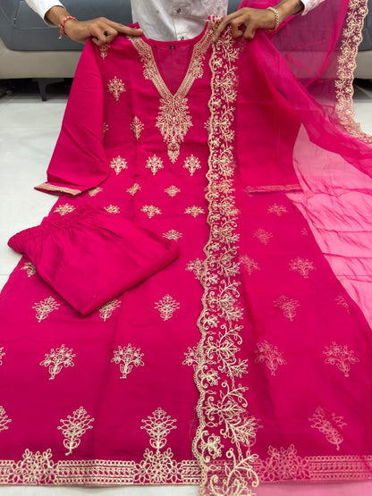 Premium Pink Embroidered Berry Silk Kurti Pant Dupatta Set