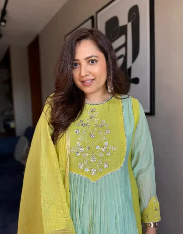 Green & Lime Yellow Embroidered Anarkali Suit Set