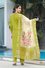 Parrot Green Viscose Silk Multi Embroidered Suit Set