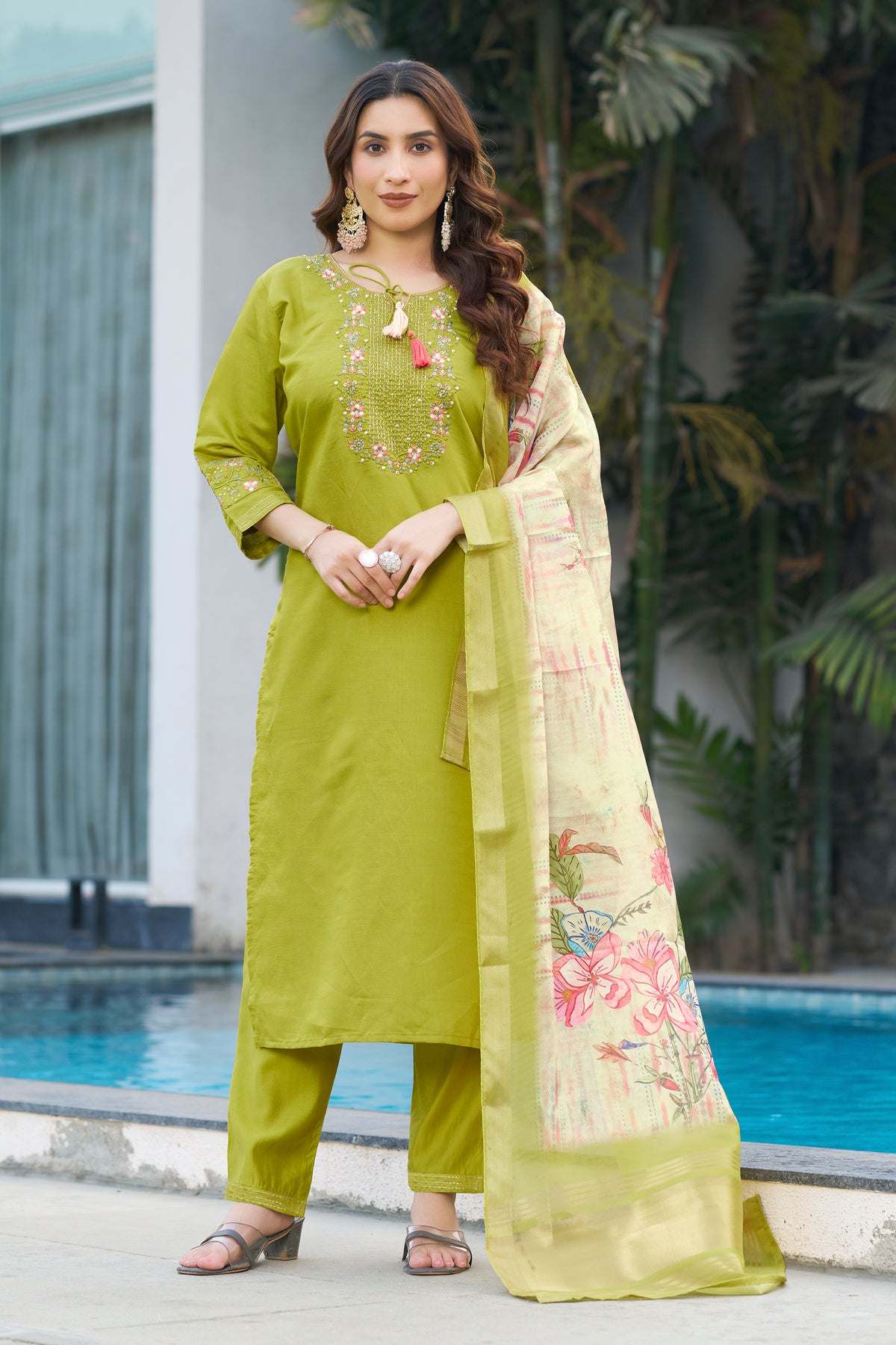Parrot Green Viscose Silk Multi Embroidered Suit Set