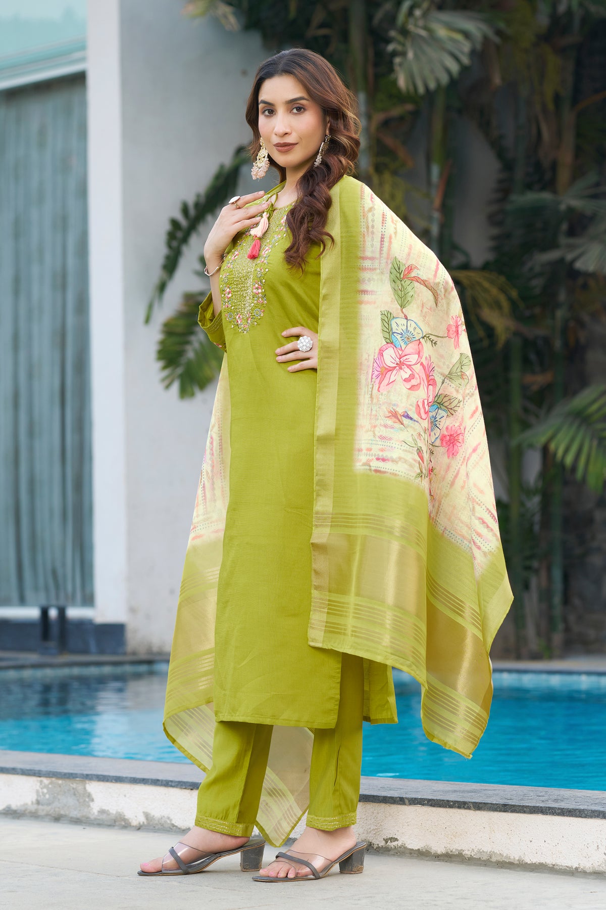Parrot Green Viscose Silk Multi Embroidered Suit Set