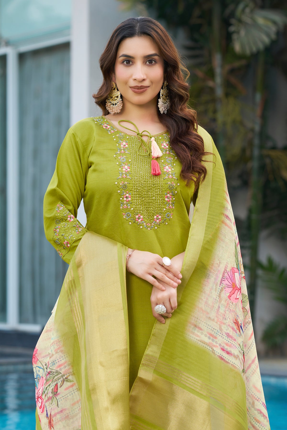 Parrot Green Viscose Silk Multi Embroidered Suit Set