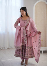 Light Pink Embroidered Roman Silk Kurta Pant Set